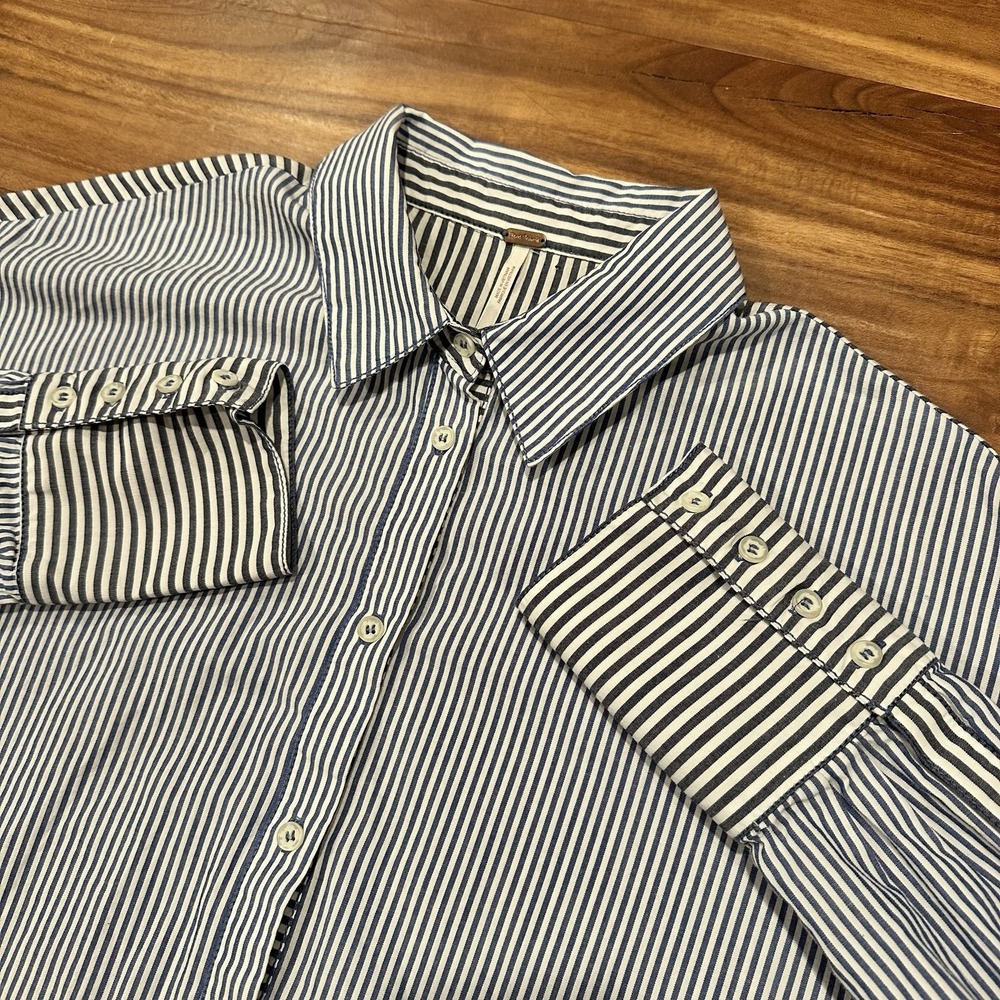 Free People Shirt Womens XS Blue Stripe Button Front Long Sleeve Collared